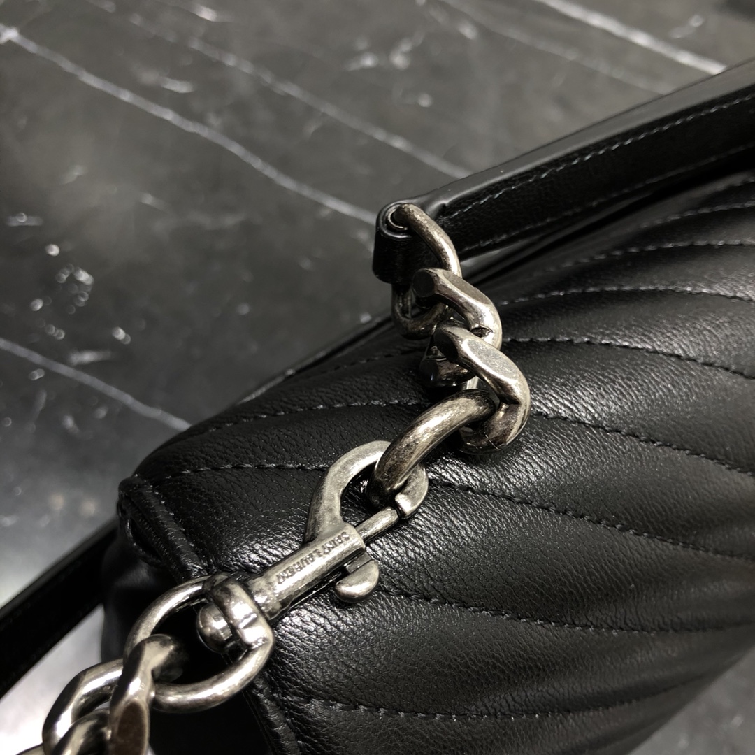 Saint Laurent Lambskin College Handbag Shoulder Bag Black 392738 Silver